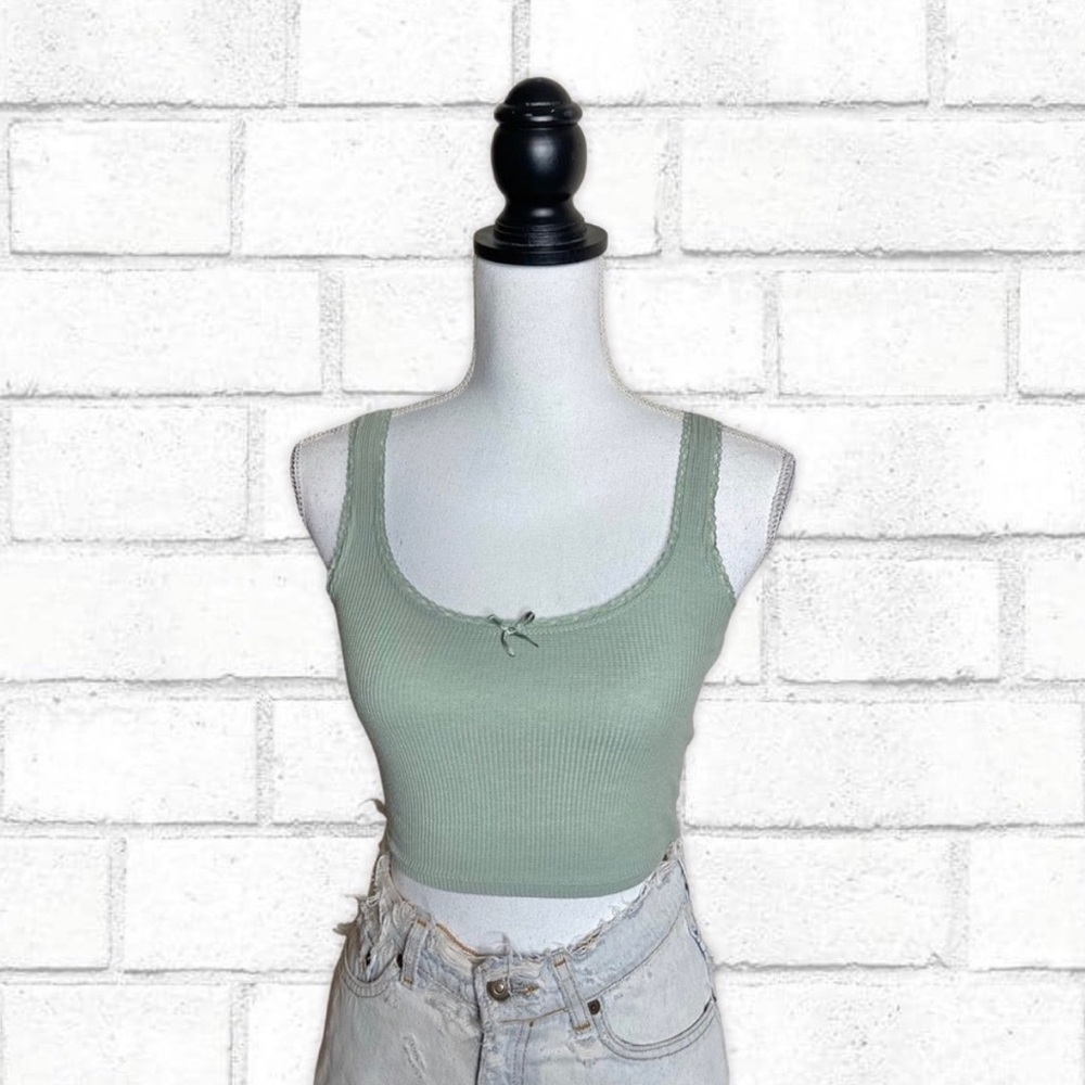 NWOT PacSun: Sage Green Waffle Knit Ribbed Cropped Tank Top w Bow